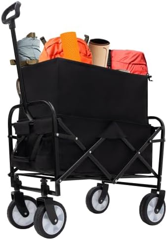 Minimeetall Extention Collapsible Foldable Cart Beach Wagon Heavy Duty Utility Cart Utility Wagon Grocery Cart for for Camping Shopping Sports Gardeing Fishing Supports 225lbs (Black)