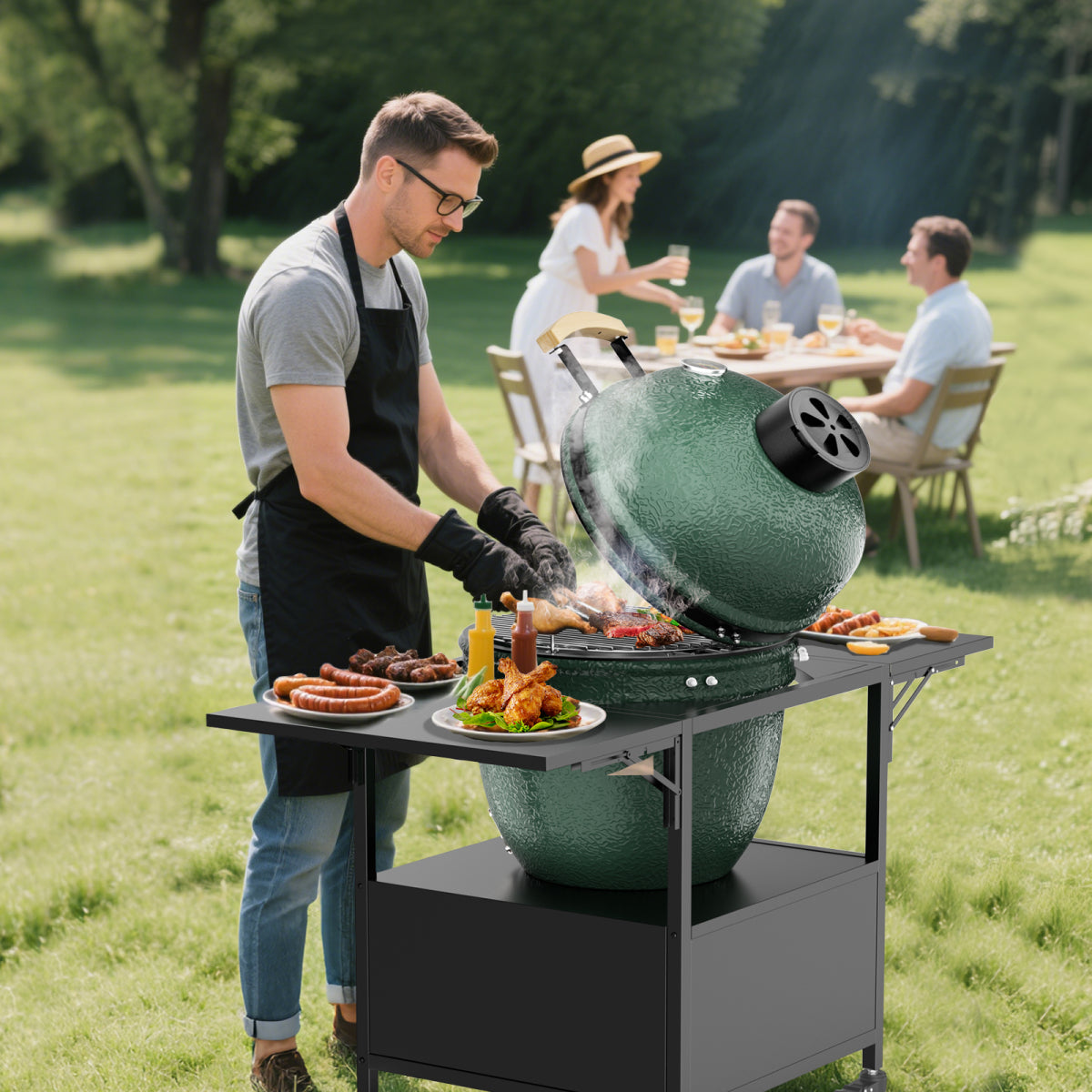 Outdoor Grill Table for Big Green Egg Style BBQ, Metal Grill Cart with 2 Folding Panels, Compatible with up to Large Green Egg, Kamado Joe Jr