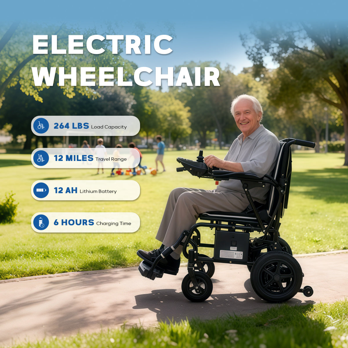 Lightweight Electric Wheelchair for Adults & Seniors - Ultralight 36lbs Foldable Power Wheelchairs, 264LBS Loading Capacity, 12-Mile Long Travel Range, All Terrain, With LED Light & Cup Holder