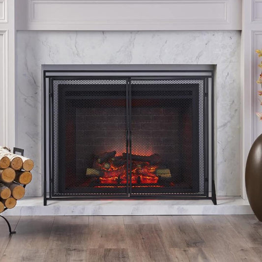 Fire Cover Fireplace Screen,40 X 30 Inch Fireplace Screen Gold/Black, 2-Door Wood Burning Fireplace Cover, Chimney Furnace Safe Spark Fireguards, Living Room Home Decor (Color : Black)