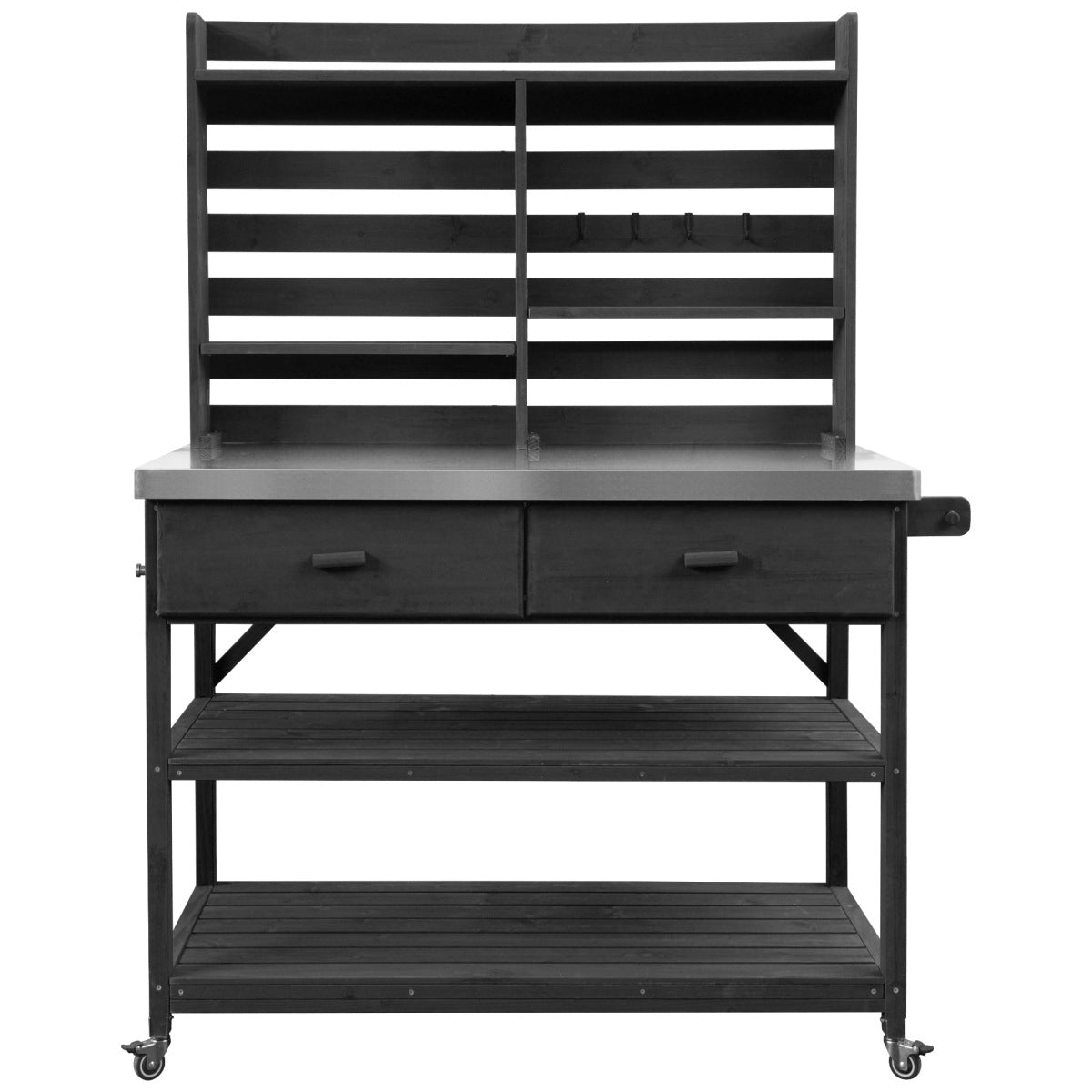 K&K 64.9"H Outdoor Potting Bench Table with Lockable Wheels, Solid Wood Outdoor Kitchen Island with Upper Hutch, Stainless Steel Top, Towel Rack ,Outdoor Storage for Grilling, Lawn Garden -Black