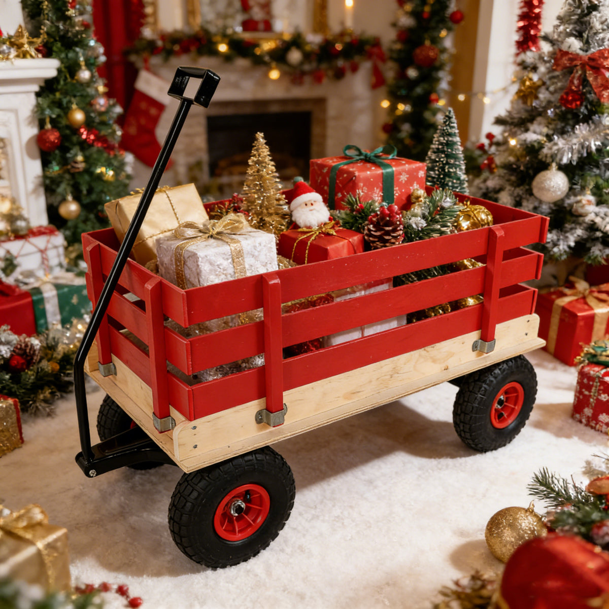 Children's and garden wooden carriages, all-terrain rubber inflatable wheelers, outdoor games, courtyard transportation, picnic supplies (red and natural colors)