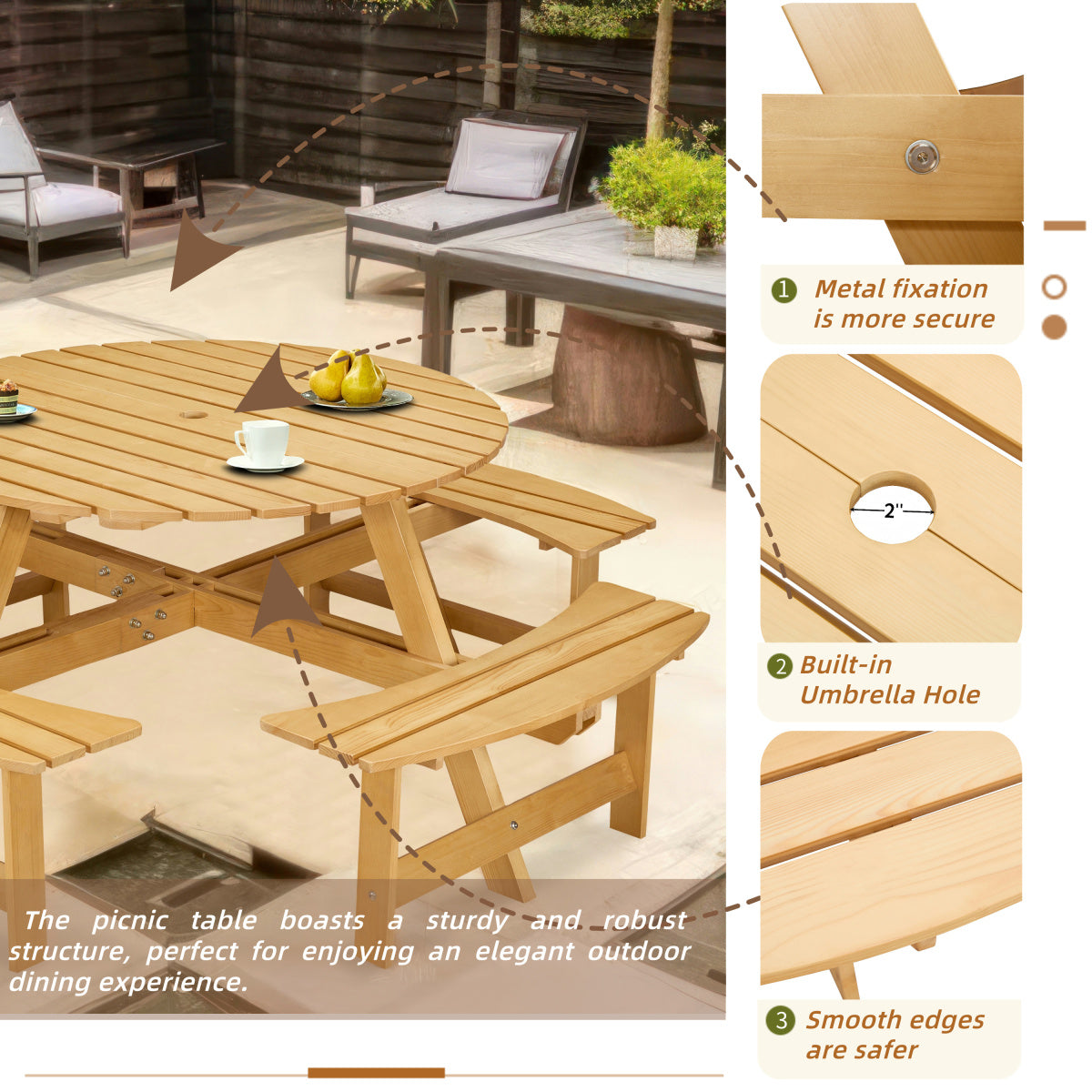 Outdoor 8 Person Picnic Table, 8 person Round Picnic Table with 4 Built-in Benches, Umbrella Hole, Outside Table and Bench Set for Garden, Backyard, Porch, Patio,  Natural   WL