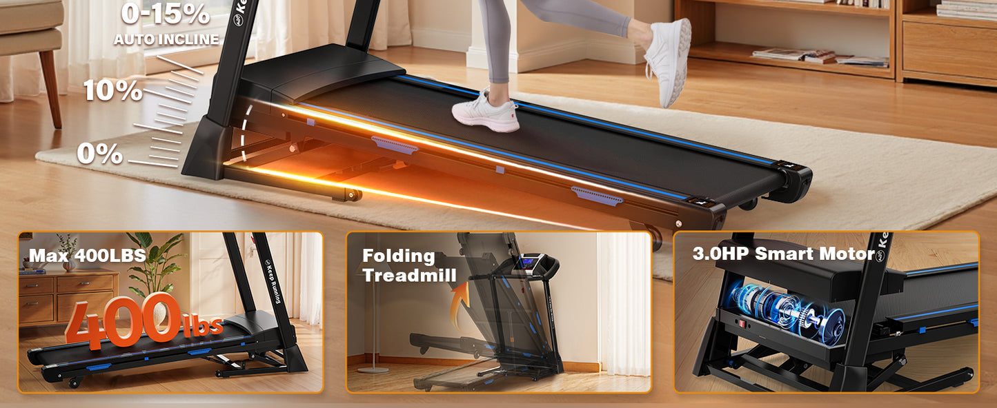FYC Foldable Treadmill with Auto Incline (0-15°) – 3.5HP Quiet Motor, 400 lb Capacity, Bluetooth Speakers, APP Control, Shock Absorption, LCD Display & Heart Rate Monitor – Folding Treadmill for Home