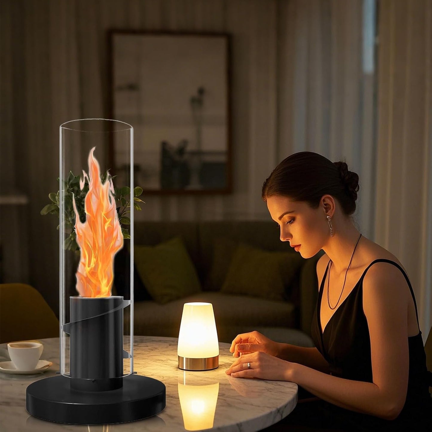 Table Top Fireplace - Indoor Fire Pit Tabletop Swivel Flame, Stainless Steel Burner | 1 Set Decoration Fireplaces Light for Nightstand Balcony Bedroom Home Birthday Parties Housewarming Movie