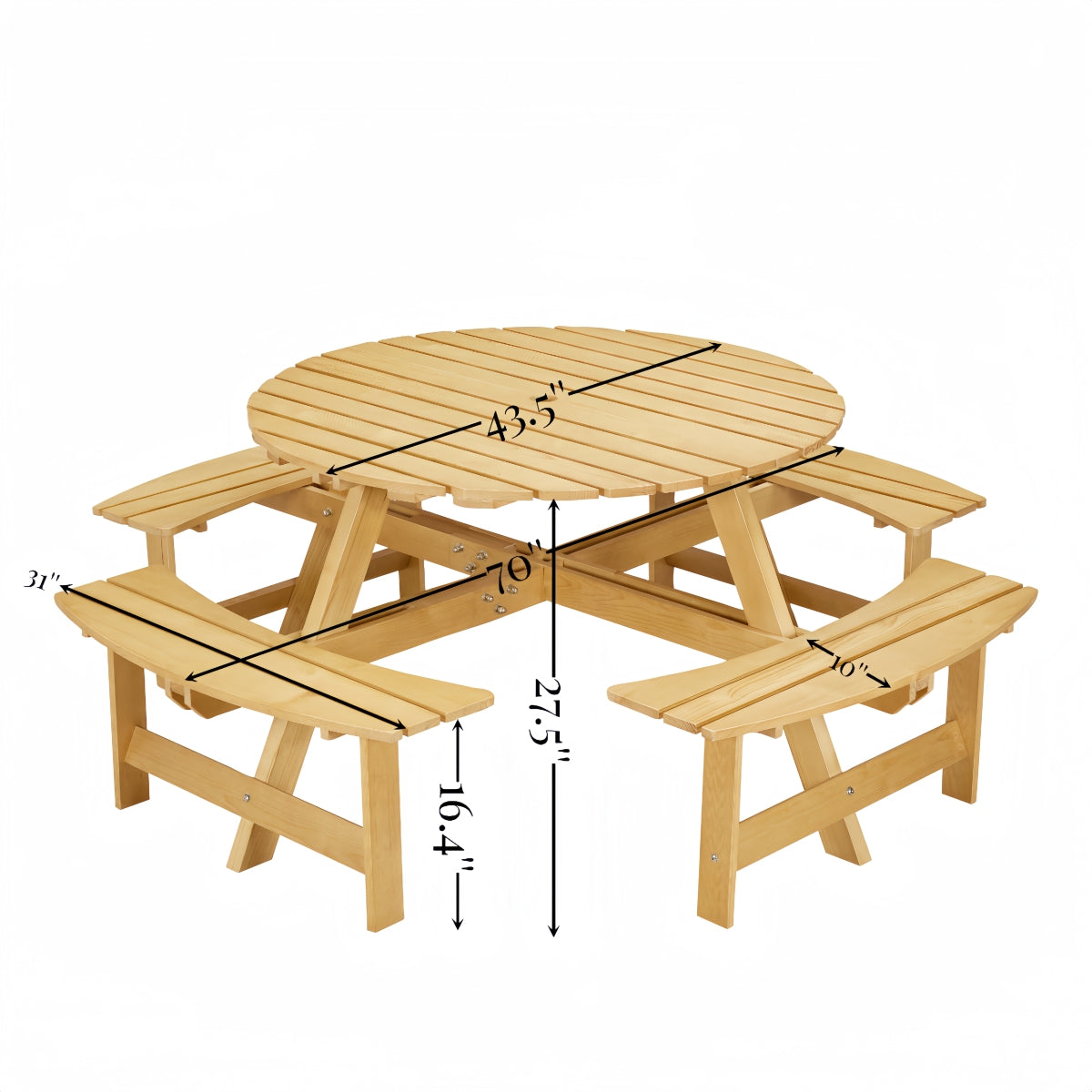 Outdoor 8 Person Picnic Table, 8 person Round Picnic Table with 4 Built-in Benches, Umbrella Hole, Outside Table and Bench Set for Garden, Backyard, Porch, Patio,  Natural   WL