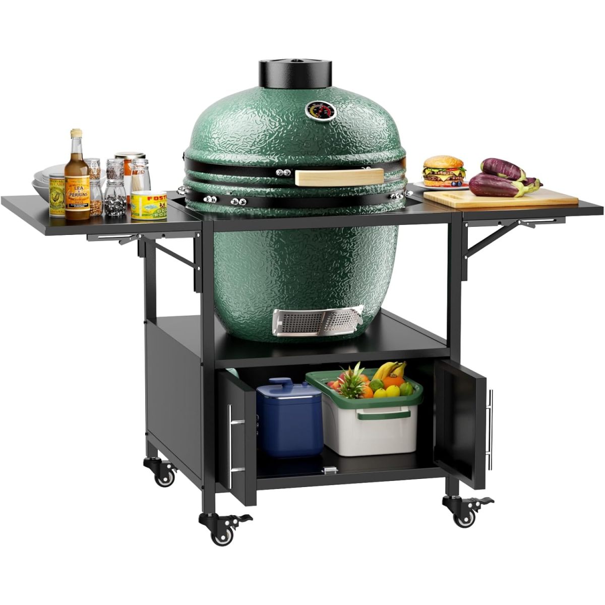 Outdoor Grill Table for Big Green Egg Style BBQ, Metal Grill Cart with 2 Folding Panels, Compatible with up to Large Green Egg, Kamado Joe Jr