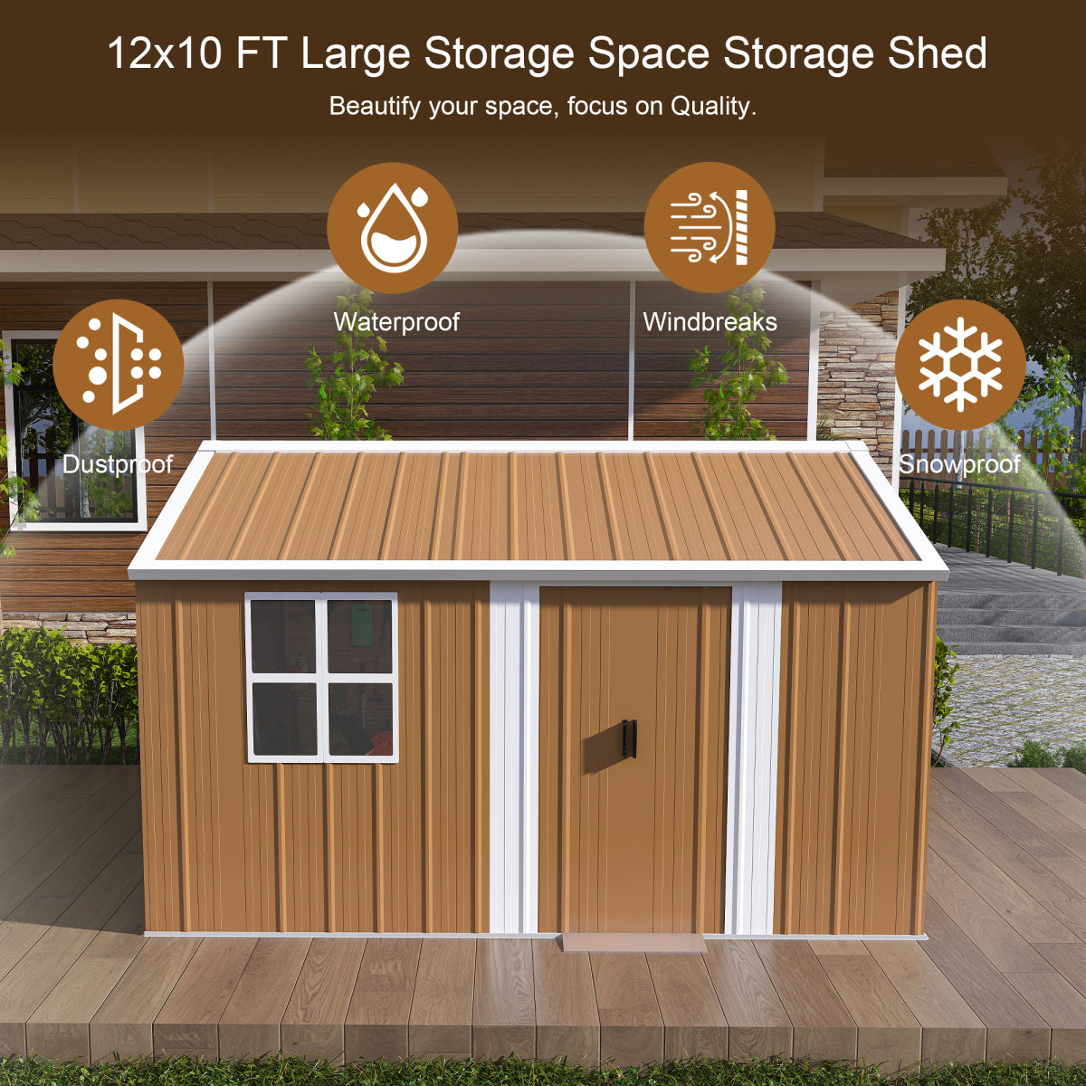 12x10 FT Heavy-Duty Metal Storage Shed with Windows, Lockable Door & Ventilation - Weatherproof Outdoor Garden Shed for Backyard, Lawn, and Tool Organization    RR