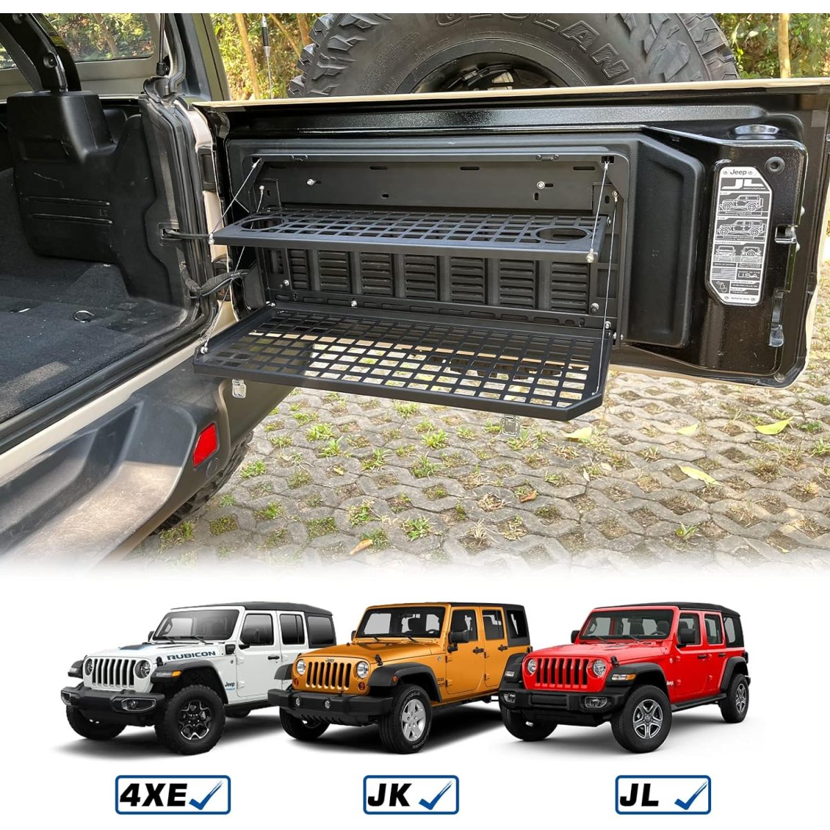 2-Tier Tailgate Table Rear Foldable Storage Cargo Rack Outdoor Camping Desk for 2007-2022 Jeep Wrangler JK&JL 4 Door (Not Fit JK Models with Stock Subwoofer)