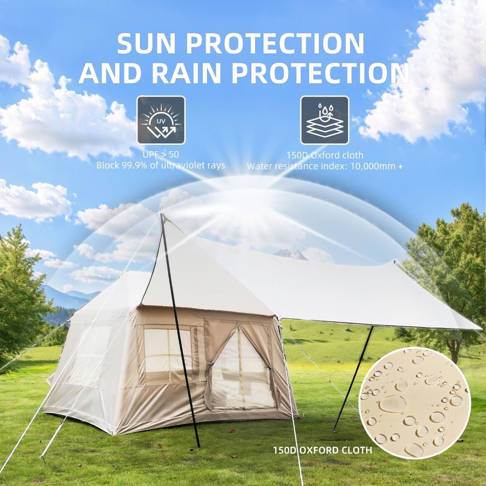 5.72m ² Inflatable Camping Tent, Glamping Tents Easy Setup 4 Season Windproof Outdoor Cotton Tent with Stove Jack & Mesh Windows & Pump