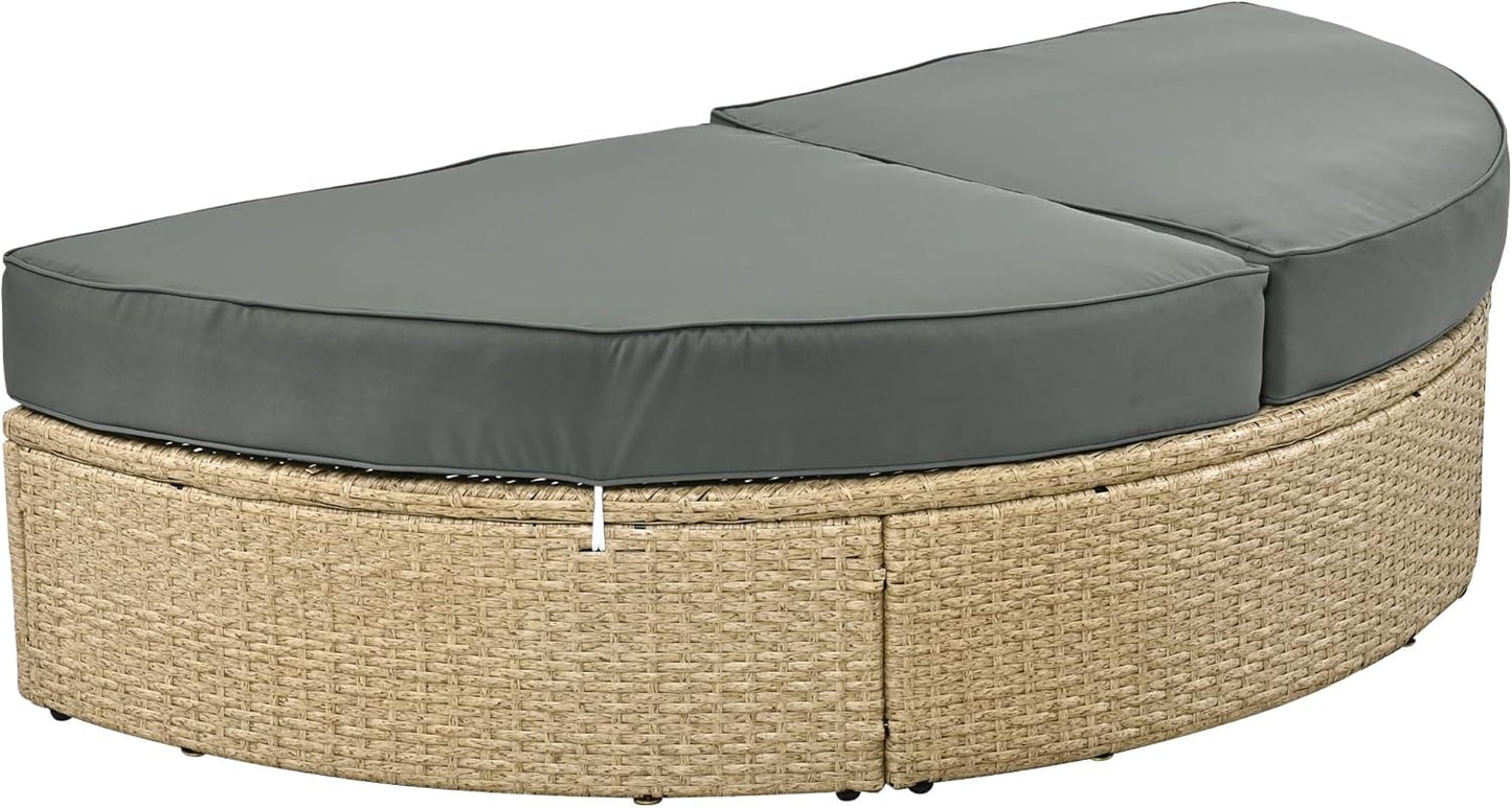Outdoor Patio Rattan Round Daybed with Retractable Canopy, Wicker Furniture Clamshell Sectional Seating Sunbed with Removable Cushions and 4 Pillows for Patio Backyard Porch,Grey