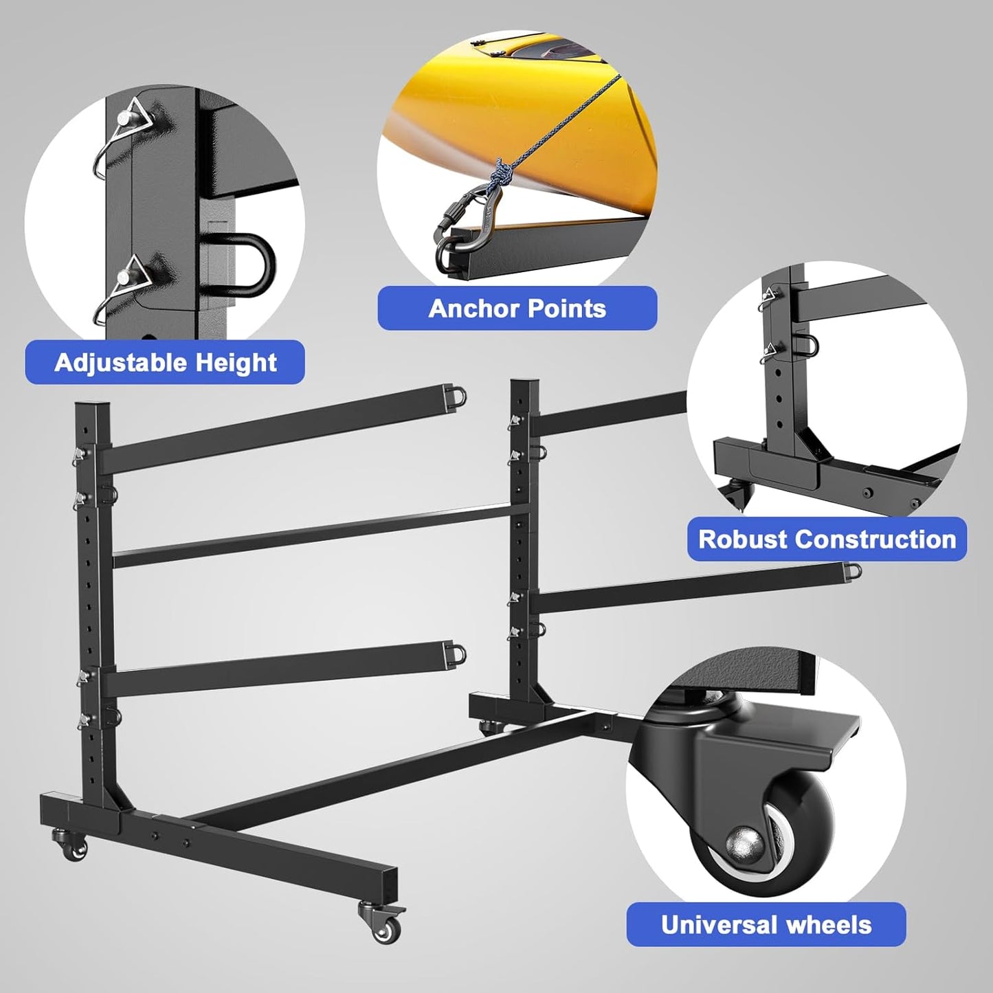 Heavy Duty Freestanding Kayak Storage Rack, Adjustable Metal Stand for Kayaks, Canoes, SUPs, Paddleboards & Surfboards with Lockable Wheels, Indoor & Outdoor Use
