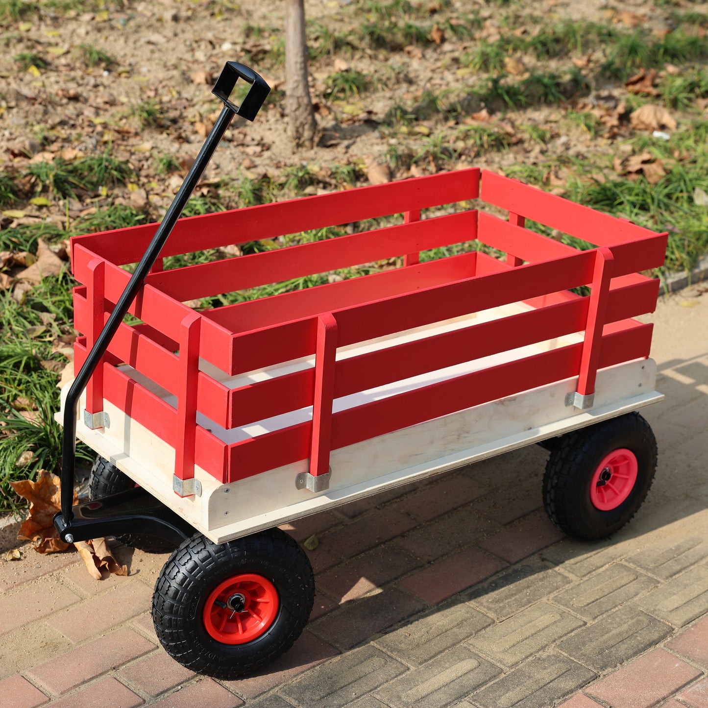 Children's and garden wooden carriages, all-terrain rubber inflatable wheelers, outdoor games, courtyard transportation, picnic supplies (red and natural colors)
