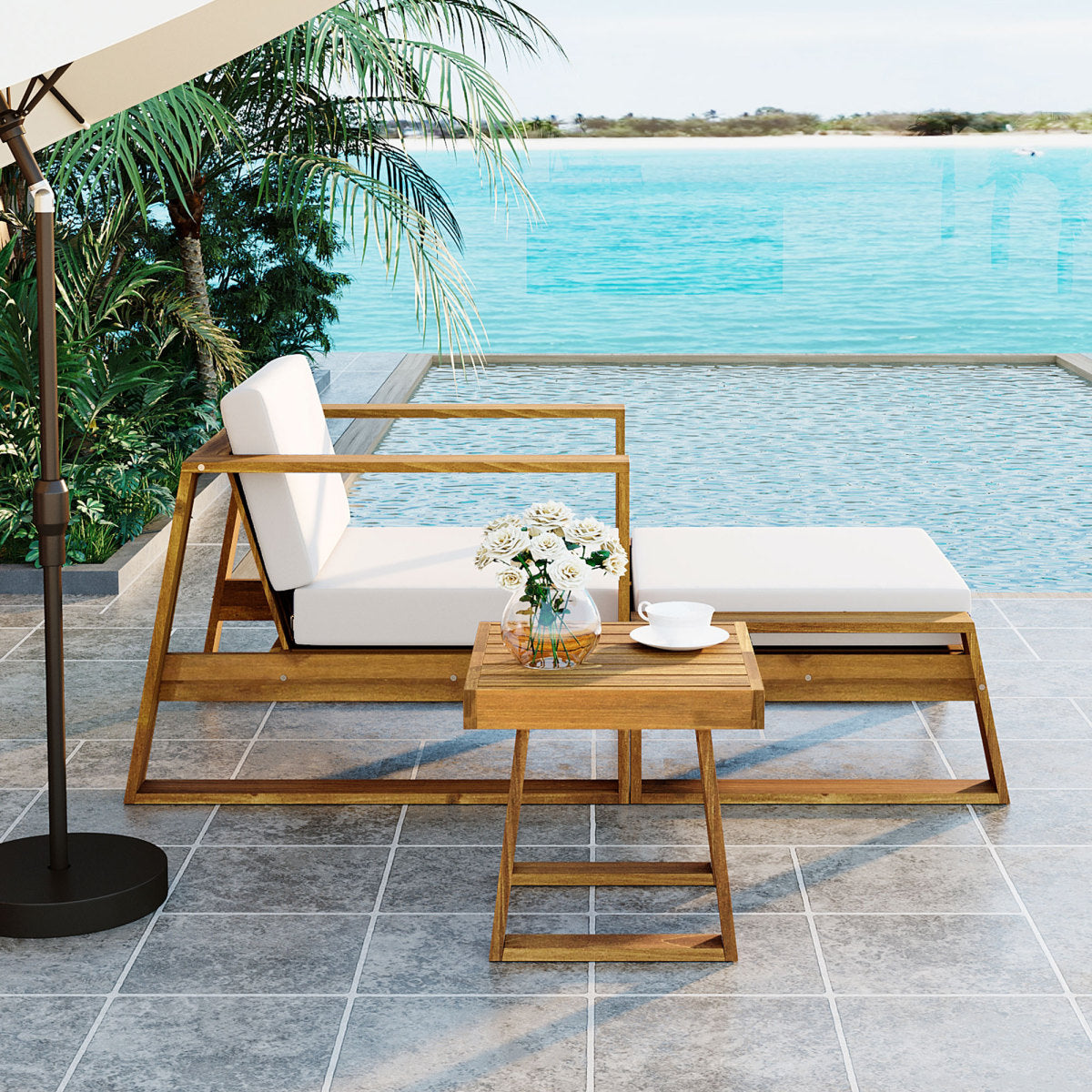 U_STYLE Acacia Wood Outdoor Lounge Set - Chair and Ottoman with Removable Cushions, All-Weather Outdoor Chaise Lounge/Daybed, Perfect for Patios, Balconies, and Gardens