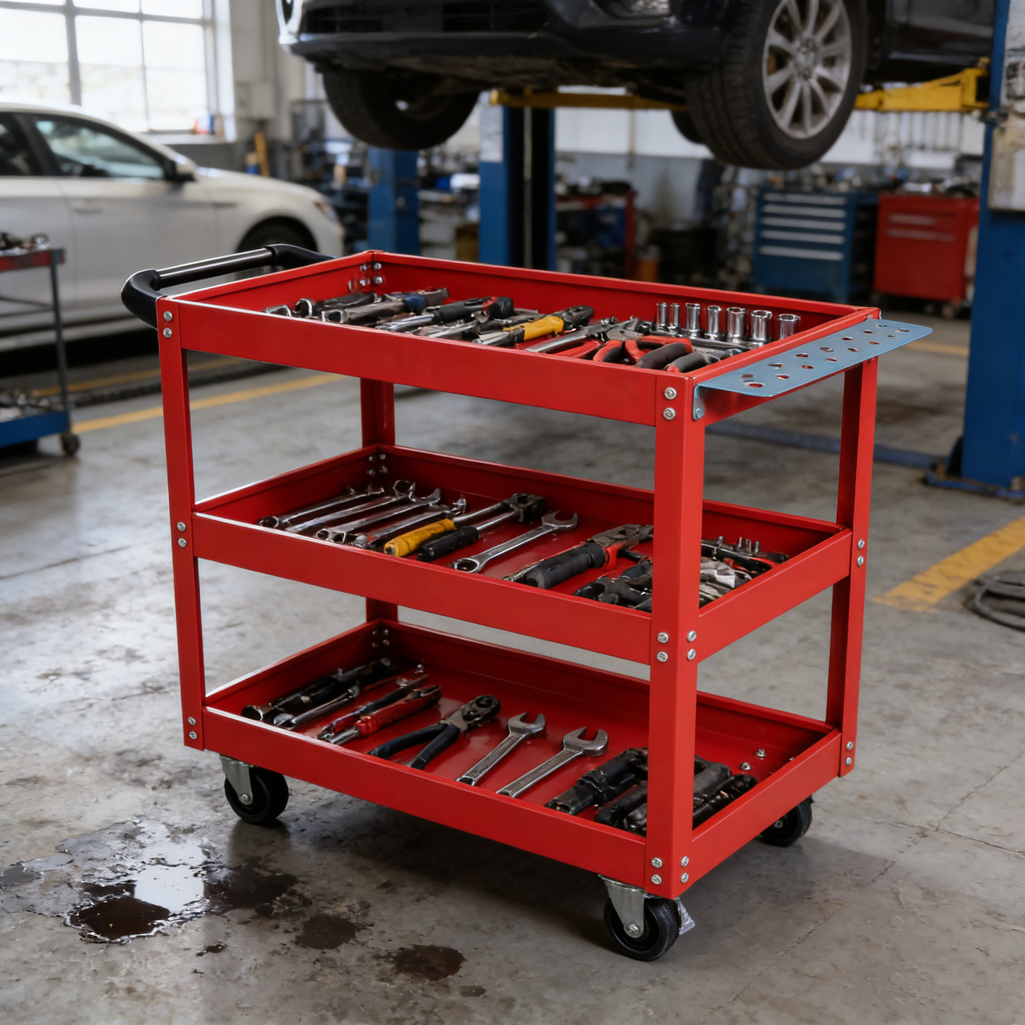 Tool Cart on Wheels, 3 Tier Rolling Mechanic Tool Cart, Heavy Duty Steel Utility Cart w/Lockable Wheels, 450 LBS Capacity Industrial Service Cart for Garage, Warehouse, Workshop (Bright Red)