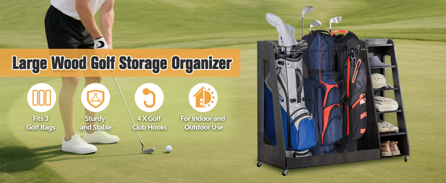 Wooden Golf Bag Organizer Garage Large Golf Bag Storage Rack Stand with Wheels Fits 3 Golf Bags, Golf Clubs and Other Golfing Equipment Accessories Golf Bag Holder for Garage, Club, Shed Basement