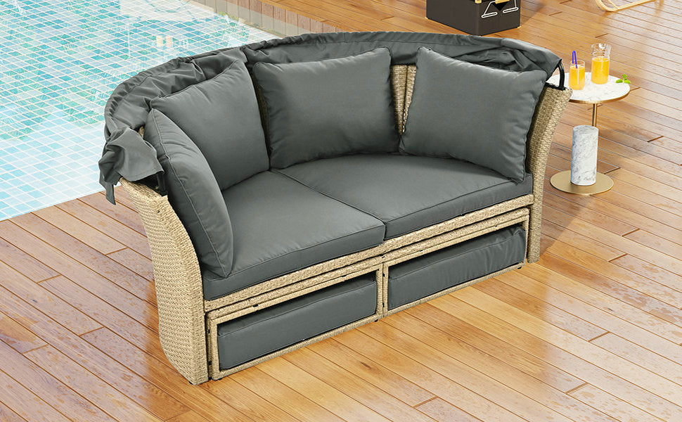 Outdoor Patio Rattan Round Daybed with Retractable Canopy, Wicker Furniture Clamshell Sectional Seating Sunbed with Removable Cushions and 4 Pillows for Patio Backyard Porch,Grey