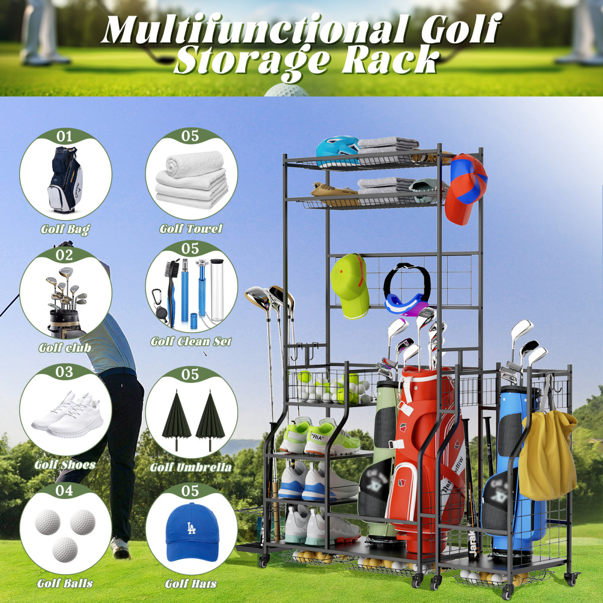 Golf Bag Storage Garage Organizer,Golf Club Bag Storage Rack for Garage, Extra Storage Rack for Golf Clubs,Golf Bag Organizer Fit for Garage,Shed,Basement