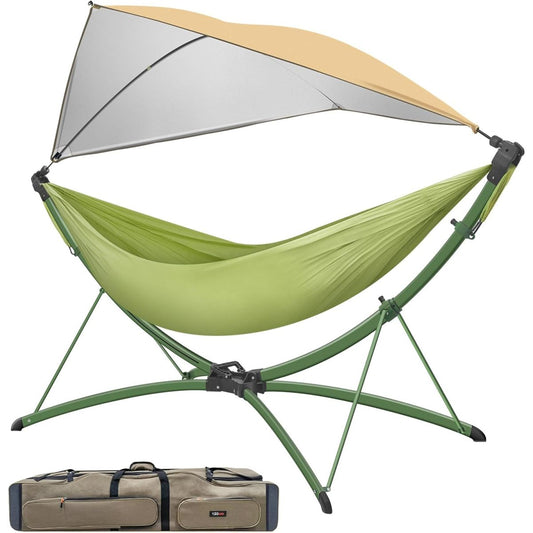 Portable Outdoor/Garden Hammock with Quick-Fold Stand, Adjustable Sunshade, and Storage Bag Adult/Child Hammock Chair Heavy-Duty Hammock Suitable for Camping, Home Gardens, Hotels, Outdoors, Beaches,