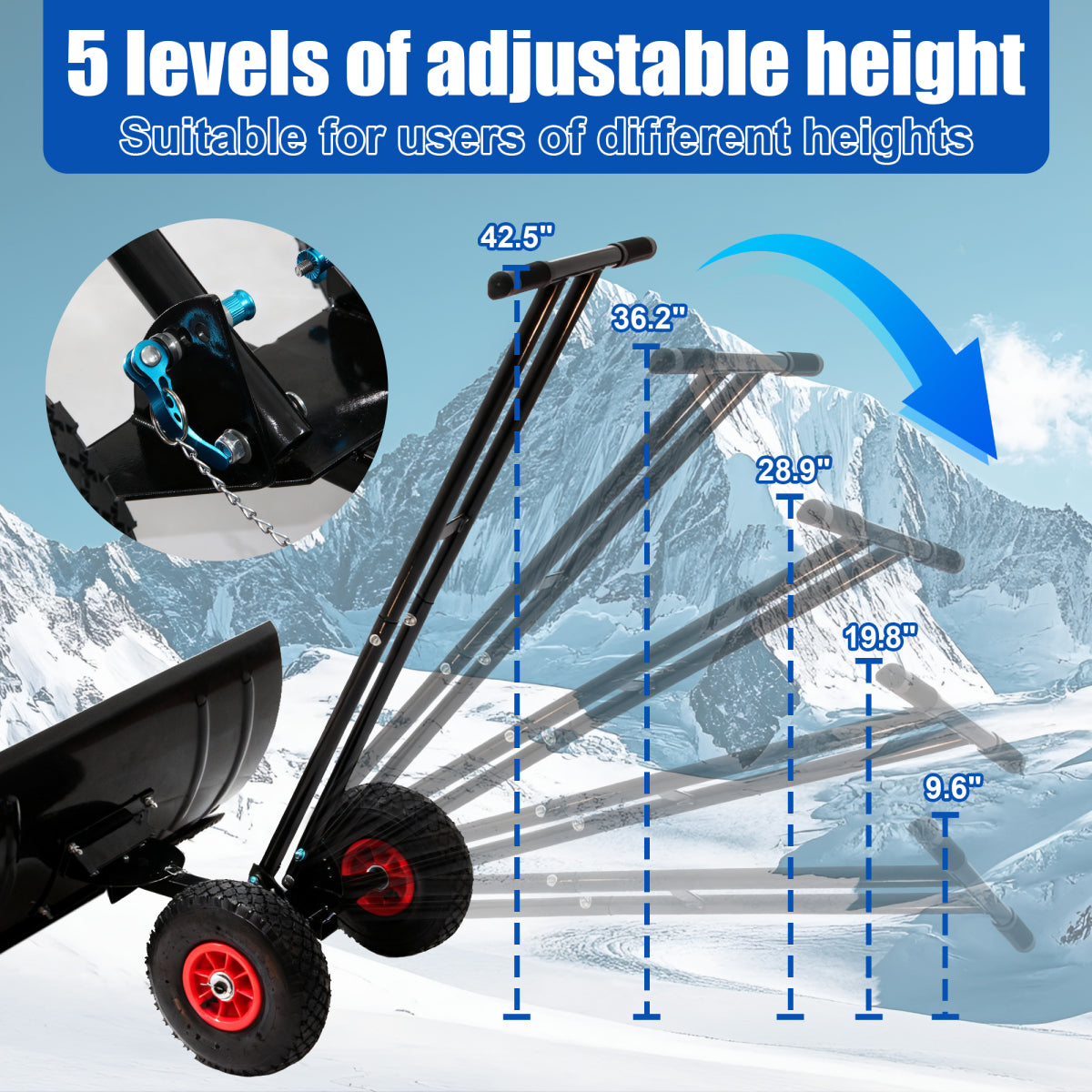 30" Heavy Duty Snow Shovel with Wheels, Garvee Adjustable Angle & Height Ergonomic Handle, Sidewalk & Pavement Clearing
