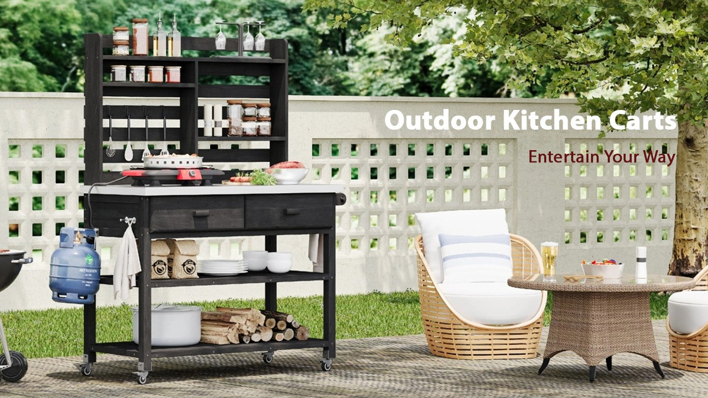 K&K 64.9"H Outdoor Potting Bench Table with Lockable Wheels, Solid Wood Outdoor Kitchen Island with Upper Hutch, Stainless Steel Top, Towel Rack ,Outdoor Storage for Grilling, Lawn Garden -Black