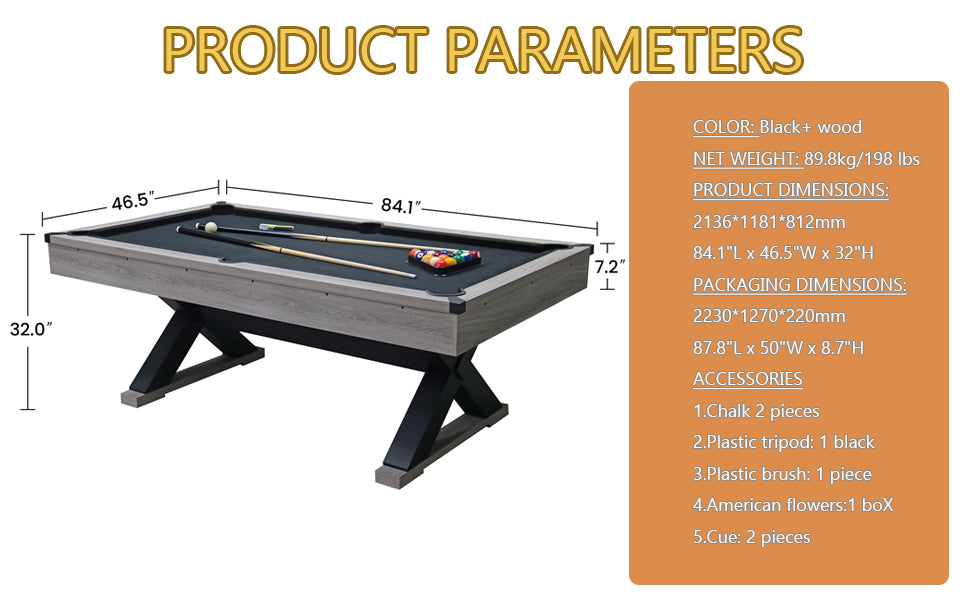 84" Pool Table, 7 FT Billiard Tables with 2 Cue Sticks, Billiard Balls, Cues, Cleaning Brush,Stable Legs,Modern Billiards Table,Black Cloth, Rustic Grey,84.1" L x 46.5" W x 32" H