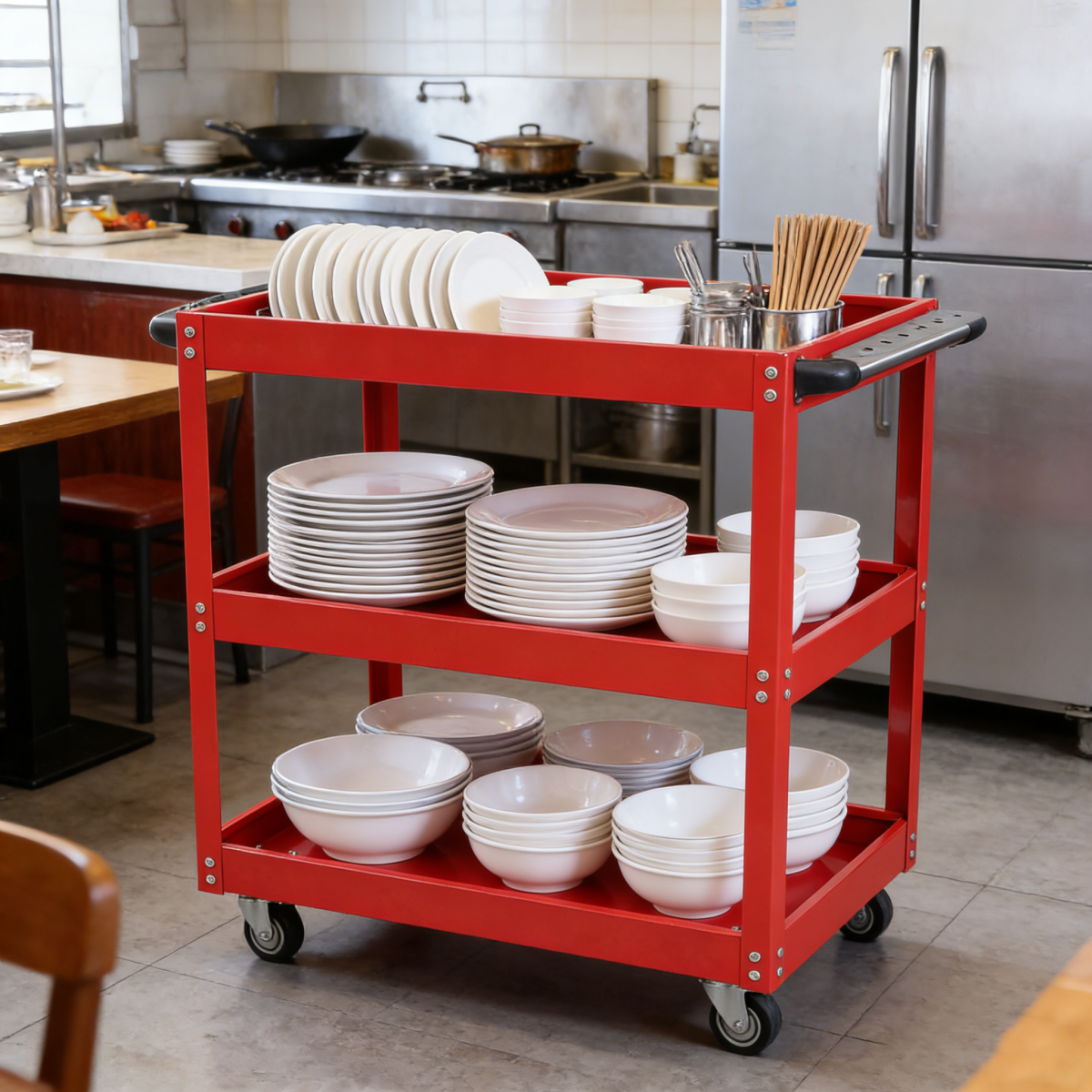 Tool Cart on Wheels, 3 Tier Rolling Mechanic Tool Cart, Heavy Duty Steel Utility Cart w/Lockable Wheels, 450 LBS Capacity Industrial Service Cart for Garage, Warehouse, Workshop (Bright Red)