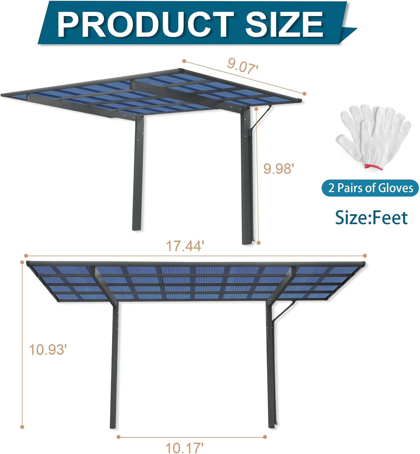 Outdoor Carport, 17.44FT*9FT Single Carport Aluminum Metal Frame and Polycarbonate Panels Car Port for Outdoor Driveway Car, Truck (Black)
