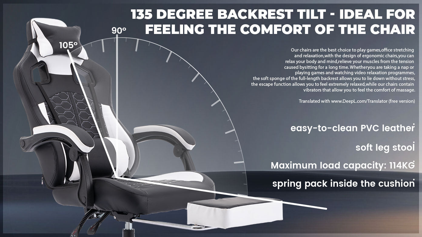 Gaming Chair with Massage,Ergonomic PC Gaming Chair with Footrest Comfortable Headrest and Lumbar Support,High Back PVC Leather,300LBS (Black White)