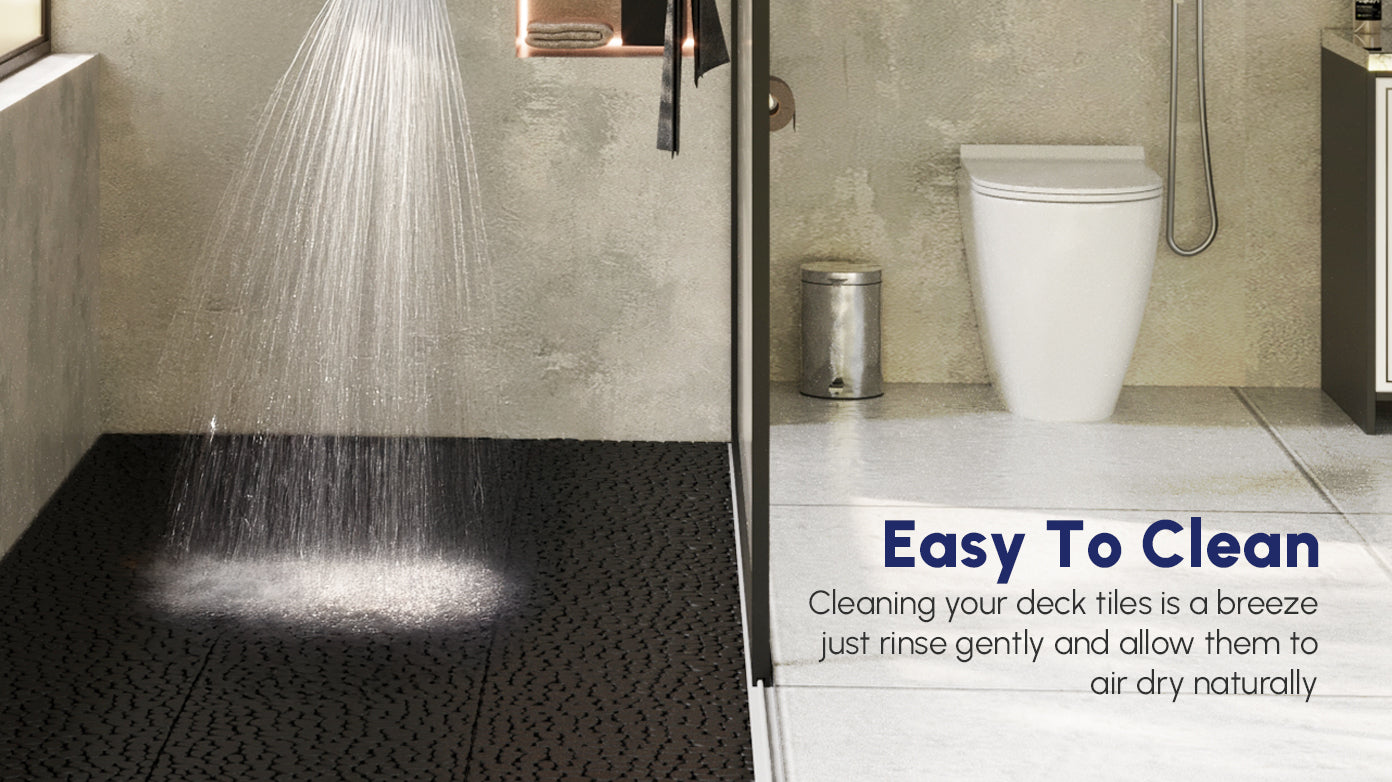 12 x 12 Inch Black Interlocking Deck Tiles Plastic Waterproof Outdoor All Weather Anti-slip Bathroom Shower Balcony Porch Strong Weight Capacity Upto 440 LBS, Pebble Stone Pattern Pack of 12