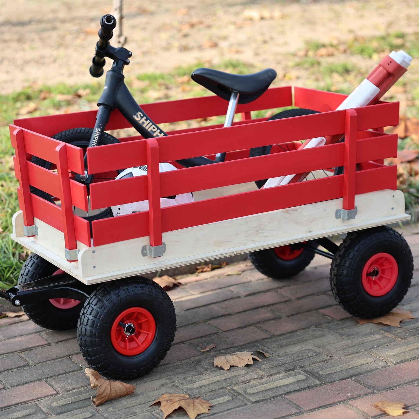 Children's and garden wooden carriages, all-terrain rubber inflatable wheelers, outdoor games, courtyard transportation, picnic supplies (red and natural colors)