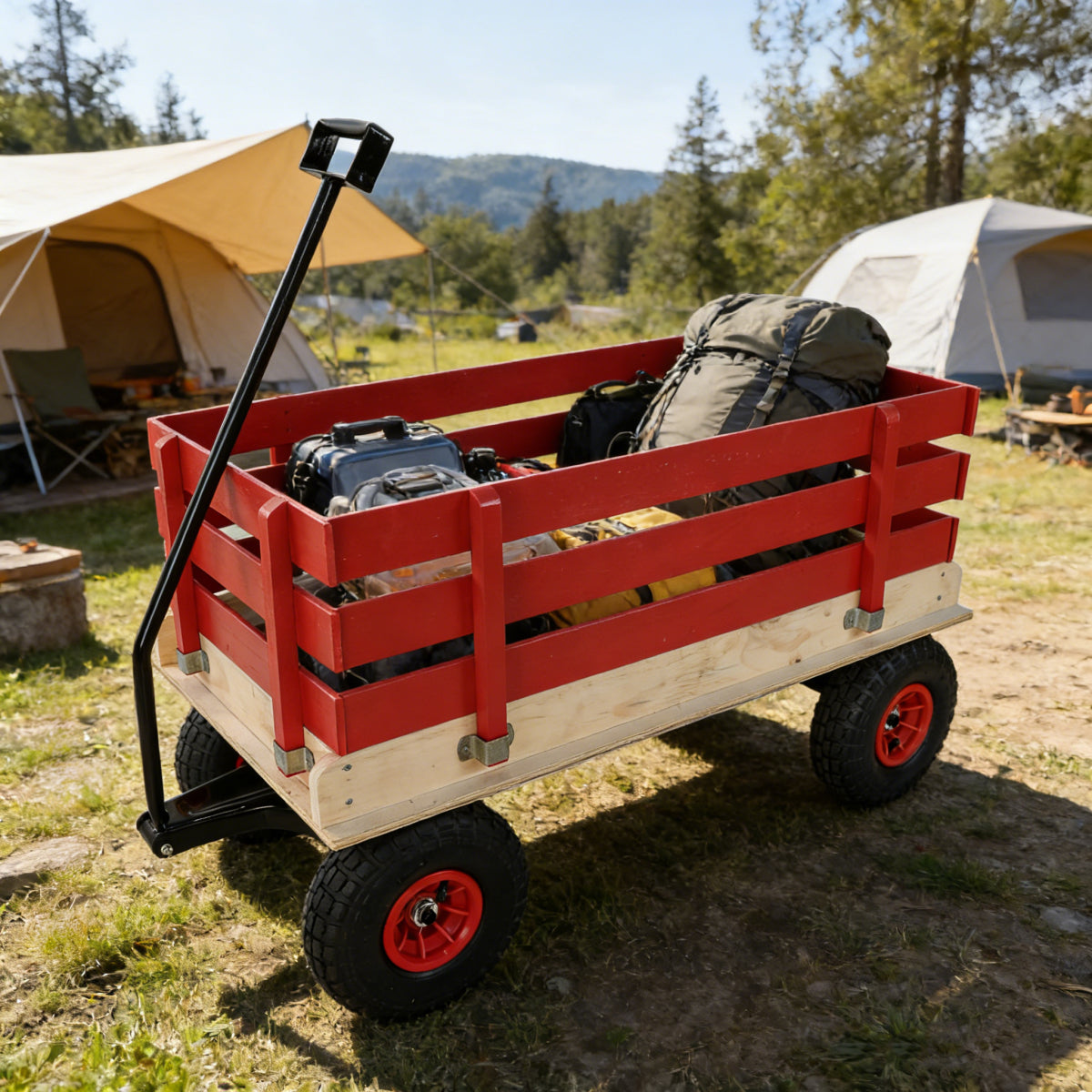 Children's and garden wooden carriages, all-terrain rubber inflatable wheelers, outdoor games, courtyard transportation, picnic supplies (red and natural colors)