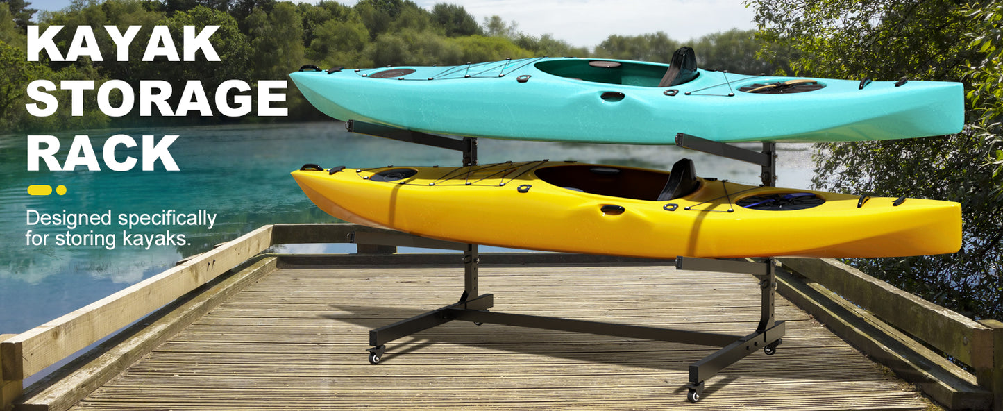 Heavy Duty Freestanding Kayak Storage Rack, Adjustable Metal Stand for Kayaks, Canoes, SUPs, Paddleboards & Surfboards with Lockable Wheels, Indoor & Outdoor Use
