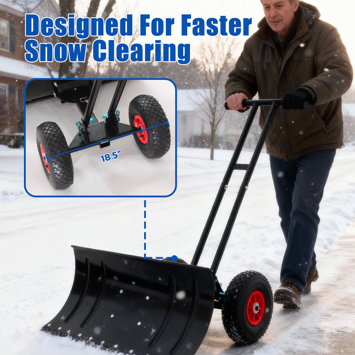 30" Heavy Duty Snow Shovel with Wheels, Garvee Adjustable Angle & Height Ergonomic Handle, Sidewalk & Pavement Clearing