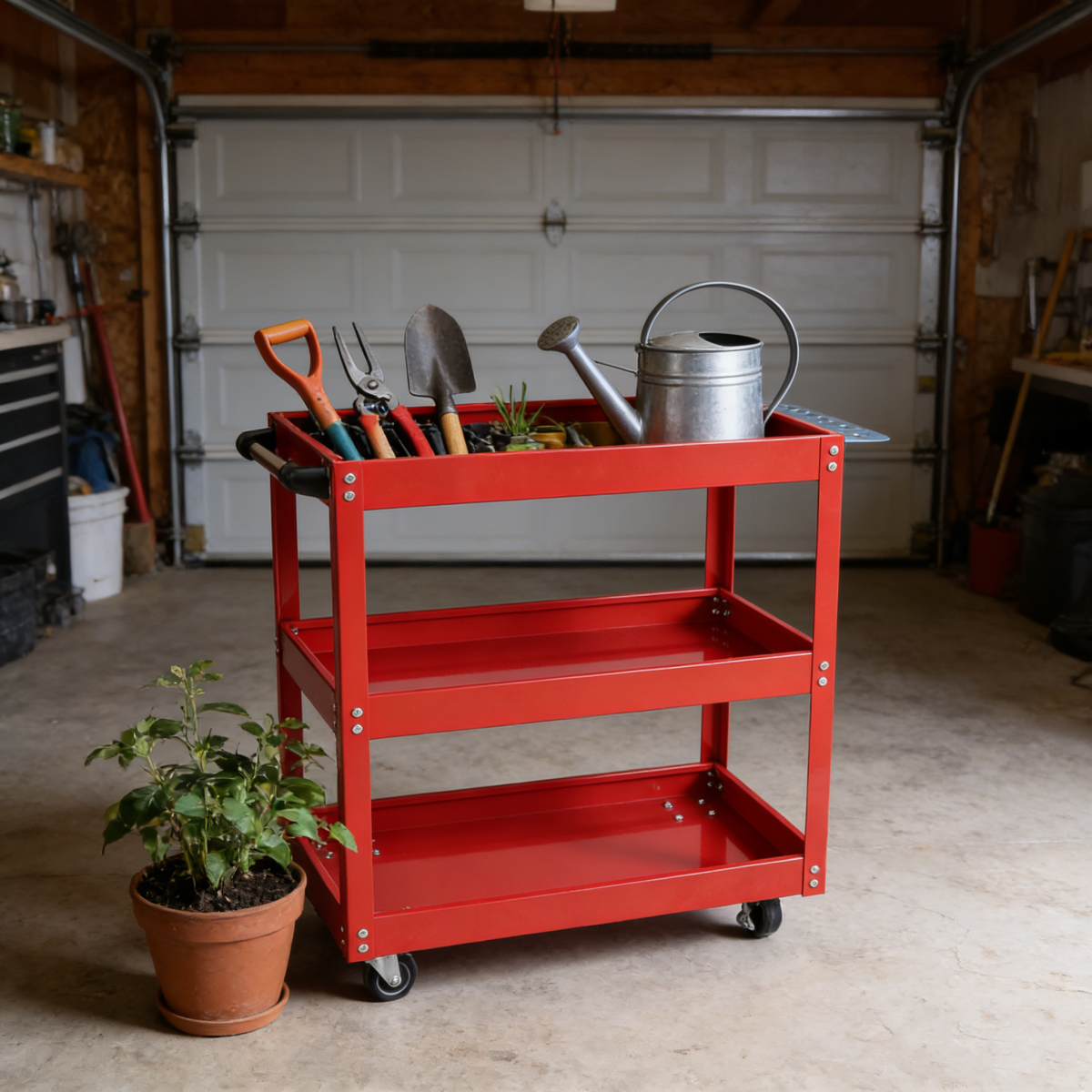 Tool Cart on Wheels, 3 Tier Rolling Mechanic Tool Cart, Heavy Duty Steel Utility Cart w/Lockable Wheels, 450 LBS Capacity Industrial Service Cart for Garage, Warehouse, Workshop (Bright Red)