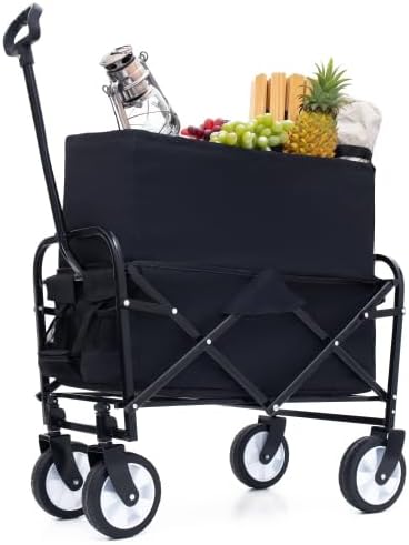 Minimeetall Extention Collapsible Foldable Cart Beach Wagon Heavy Duty Utility Cart Utility Wagon Grocery Cart for for Camping Shopping Sports Gardeing Fishing Supports 225lbs (Black)