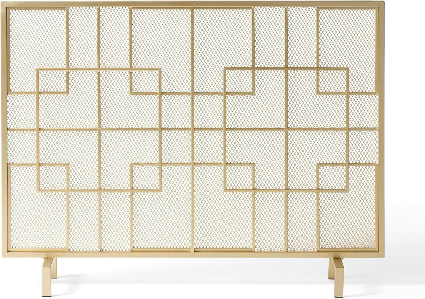 1 Panel Fireplace Screen, Lightweight Iron Fire Spark Guard for Living Room, Modern Fire Place Protector Gate for Home, Geometric Design， 41" x 30.75", Gold