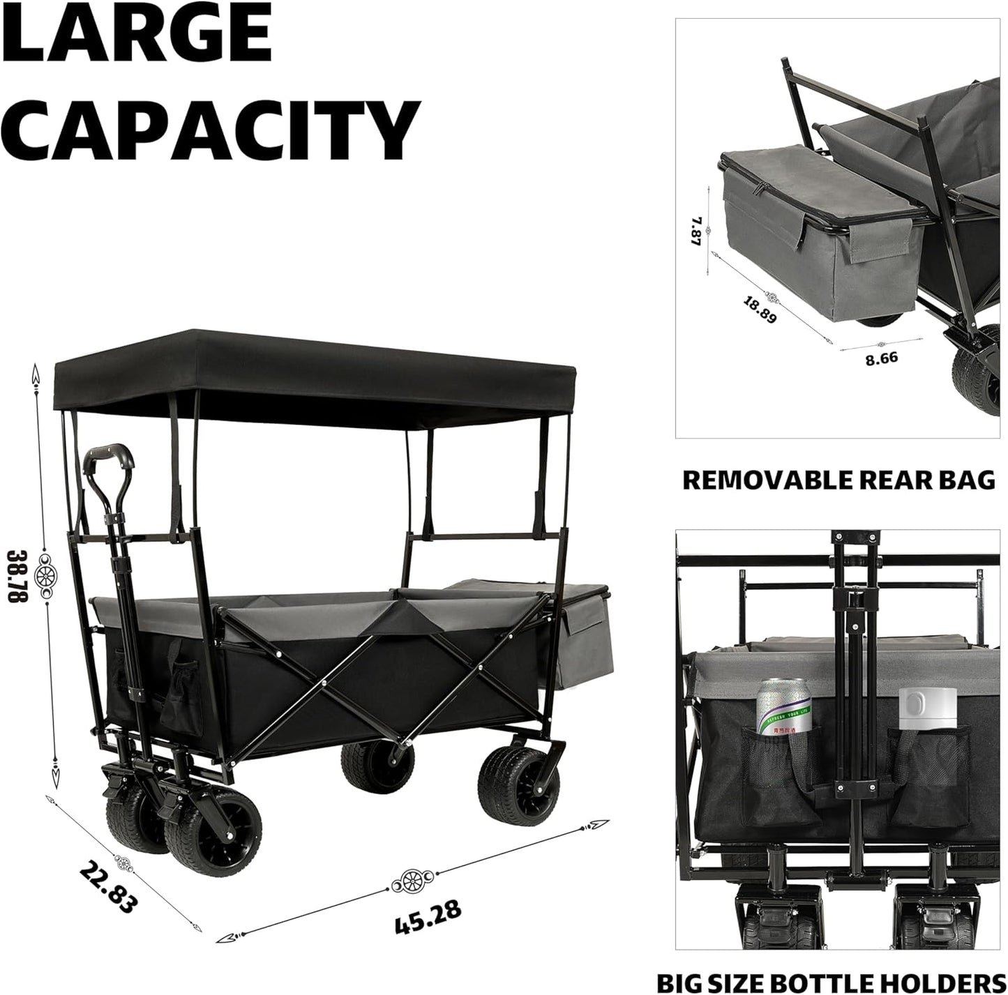 500Lbs Collapsible Wagon with Canopy, Lightweight Foldable Wagon Heavy Duty Utility Outdoor Garden Cartwith Mosquito net, Large Capacity for Camping, Shopping, Sports, and Garden Use (Black)