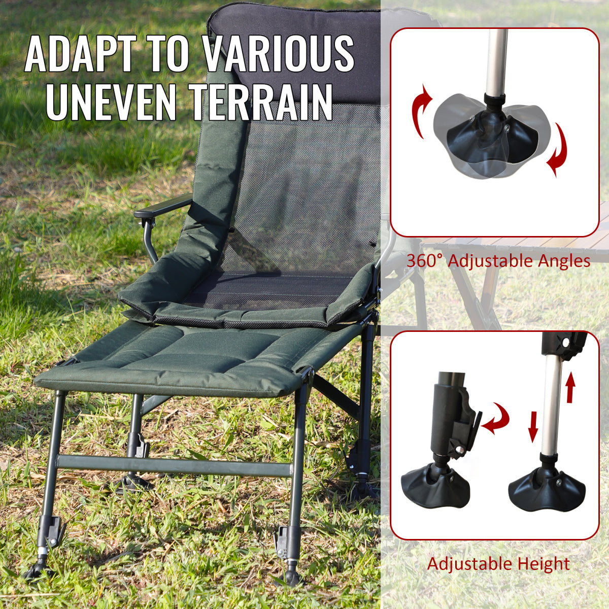 Camping Lounge Chair with Detachable Footrest, Portable Folding Reclining Camping Chair with Adjustable backrest for Indoor and Outdoor Camping Beach Hiking Fishing, Green+black    RR